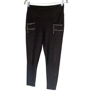 Vintage Womens Black High Waisted Leggings Gold Double Zipper Accents Size S